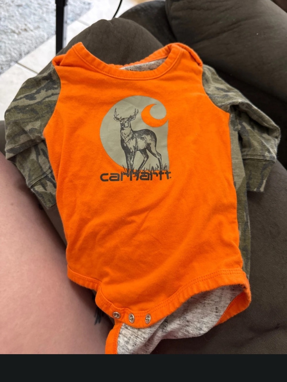 Carhartt Orange Bodysuit with Camo Sleeves and Deer Logo